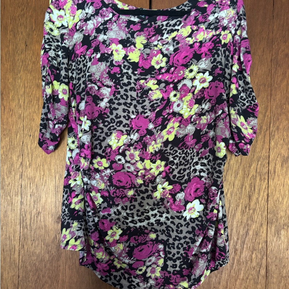 Alfani Pink, Black, and Yellow Floral and Leopard Print Blouse